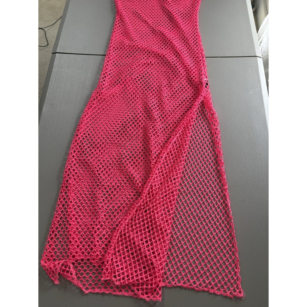 Women Mesh Maxi Cover Up Sz LARGE Neon Pink See Through Summer Dress Beach - Picture 12 of 13
